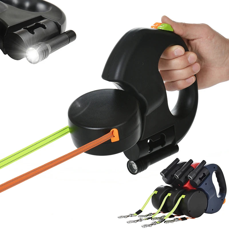3M Reflective Retractable Dual Dog Leash for Small Dogs with 360° Swivel and Integrated Lights