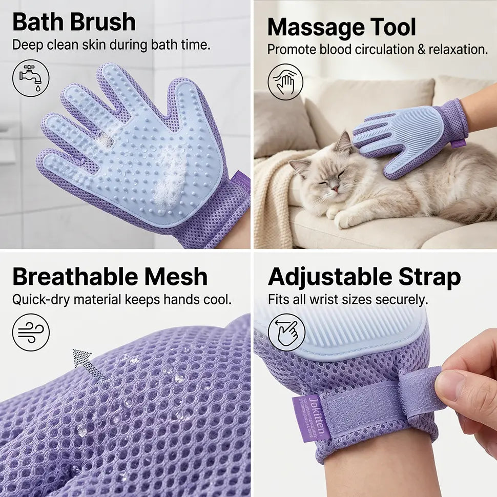 1-Pack Efficient Pet Hair Remover Glove for Dogs & Cats, Gentle Double-Sided Pet Grooming Glove Brush, Five Finger Massage Design Deshedding Glove for Multi-Role Bathing, Massaging, Grooming, Shedding, Furniture Fur Cleaning Summervibes